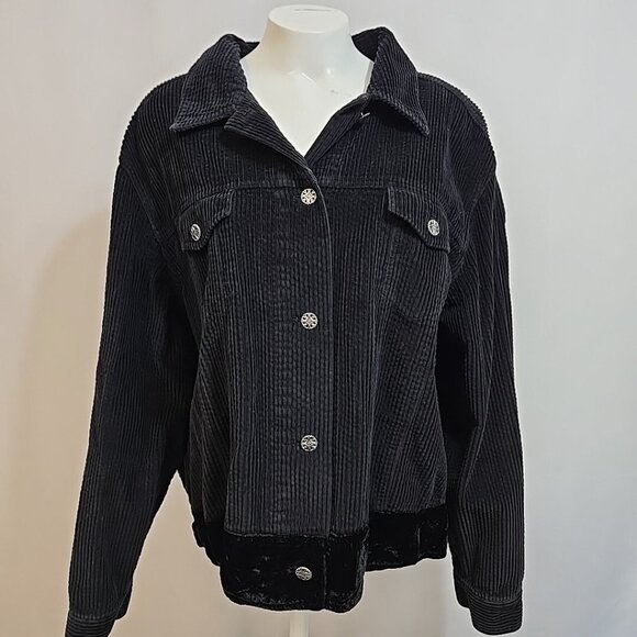 J Jill Corduroy Jacket Womens Size XL Black Trucker Floral Metal Buttons Velour - Picture 1 of 11